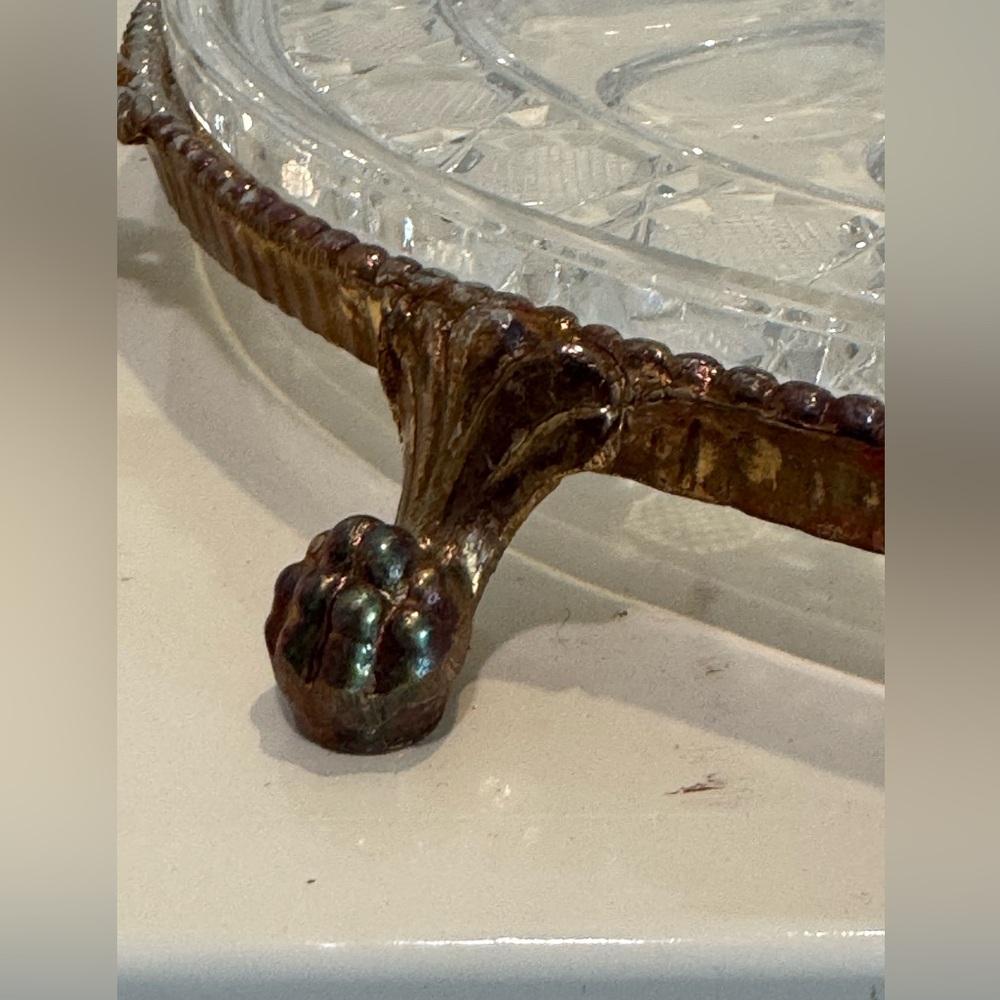 Vintage Ornate Monarch Crystal 24K Gold Plated Round Claw Foot Serving Tray - Picture 5 of 12